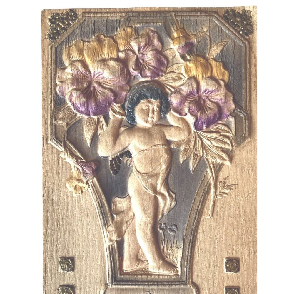 Antique Early 1900s Ephemera Postcard Bas Relief Statue Violets Birthday Wishes